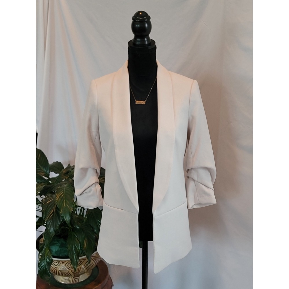 H&M Womens Cream Open Front Ruched 3/4 Sleeve Shawl Collar Blazer Size‎ 2